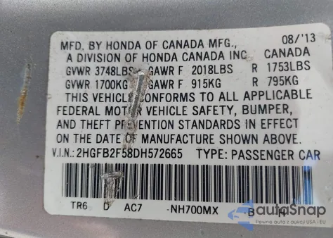 2013 Honda Civic Lx from USA, damaged, VIN 2HGFB2F58DH572665